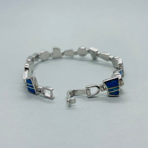 Sterling Silver Synthetic Opal Round & Trapezoid links Hand Inlay Bracelet