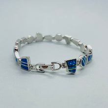 Load image into Gallery viewer, Sterling Silver Synthetic Opal Round &amp; Trapezoid links Hand Inlay Bracelet
