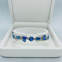 Load image into Gallery viewer, Sterling Silver Synthetic Opal Round &amp; Trapezoid links Hand Inlay Bracelet
