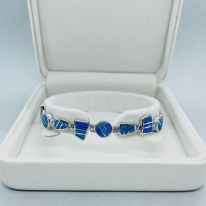 Sterling Silver Synthetic Opal Round & Trapezoid links Hand Inlay Bracelet