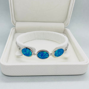 Sterling Silver Synthetic Opal 3 Oval Links Sliding Clasp Bolo Bracelet for Women