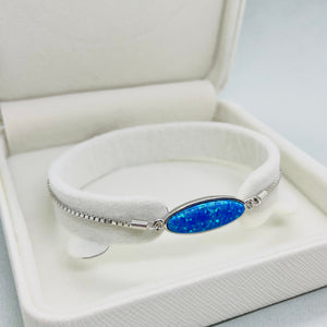 Sterling Silver Synthetic Opal Long Oval Sliding Clasp Bolo Bracelet for Women