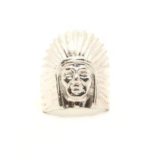 925 Sterling Silver Large Diamond Cut Finish Native American Bonnet Head 15/16 Inch Wide, Sizes 8-13 Ring