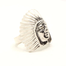 Load image into Gallery viewer, 925 Sterling Silver Large Diamond Cut Finish Native American Bonnet Head 15/16 Inch Wide, Sizes 8-13 Ring
