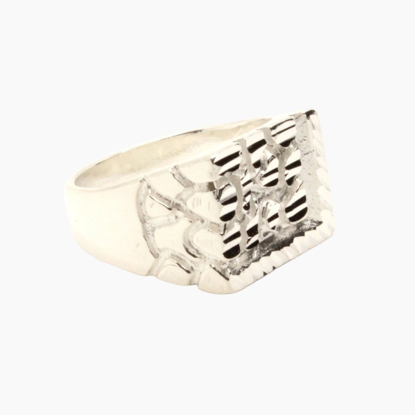 925 Sterling Silver Large Diamond Cut Finish Square 9/16 Inch Wide, Sizes 8-13 Nugget Ring