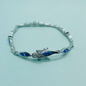 Sterling Silver Synthetic Opal Christian Fish with & CZ stone Hand Inlay 184mm Bracelet