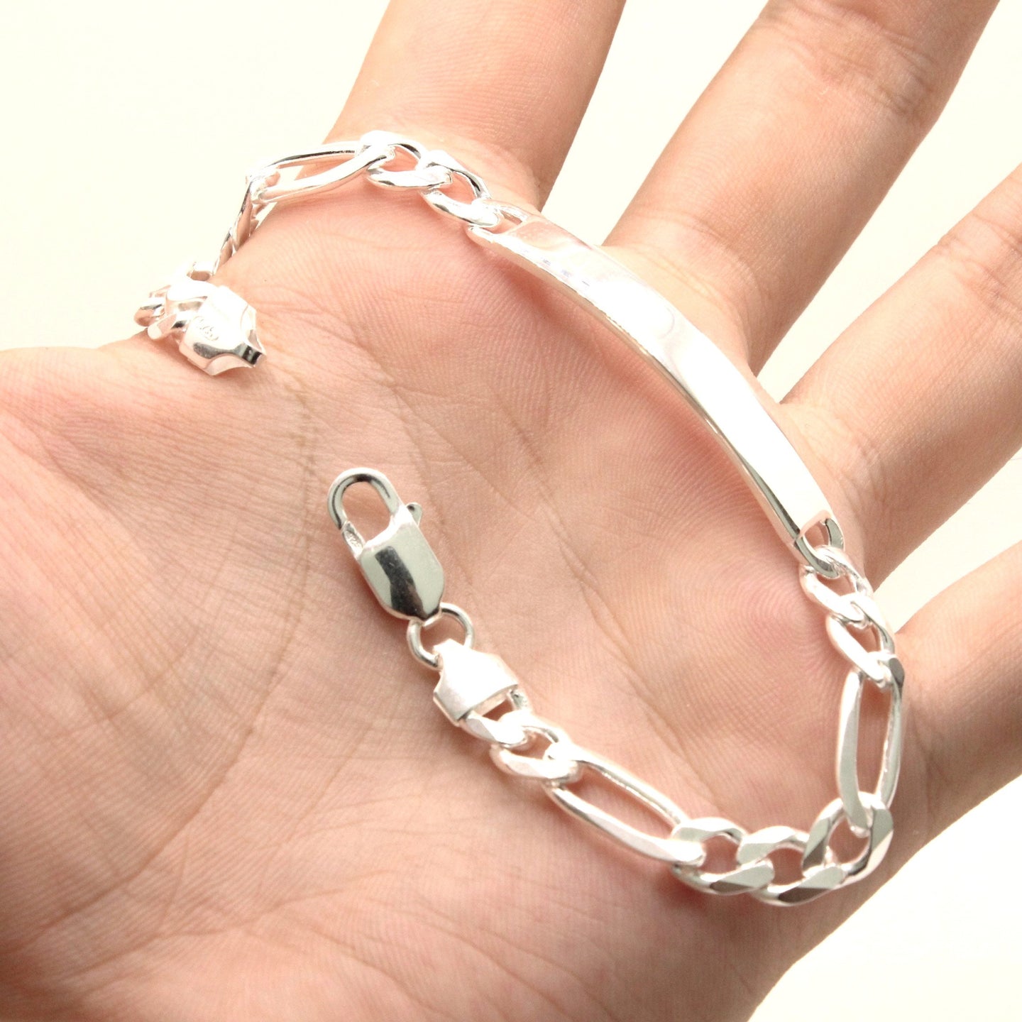 925 Sterling Silver 7mm Personalized Custom Engraved Figaro Link ID Bracelet