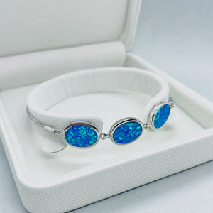 Sterling Silver Synthetic Opal 3 Oval Links Sliding Clasp Bolo Bracelet for Women