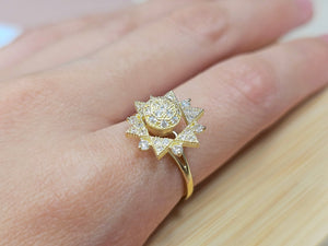 10K Solid Yellow Gold Spinning Fidget Dodecagram Star Ring with CZ