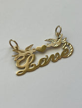 Load image into Gallery viewer, 10k Solid Yellow Gold Personalized Custom Handmade Cursive Name Pendant Charm with Beautiful Doves and Solid Heart
