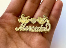 Load image into Gallery viewer, 10k Solid Yellow Gold 3D Double Plated Personalized Custom Handmade Cursive Dotted Name Pendant Charm with Heart and Doves
