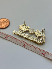 Load image into Gallery viewer, 10k Solid Yellow Gold 3D Double Plated Personalized Custom Handmade Cursive Dotted Name Pendant Charm with Heart and Doves
