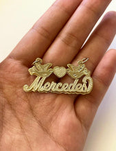 Load image into Gallery viewer, 14k Solid Yellow Gold 3D Double Plated Personalized Custom Handmade Cursive Dotted Name Pendant Charm with Heart and Doves
