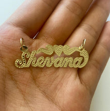 Load image into Gallery viewer, 14k Solid Yellow Gold Personalized Custom Handmade Cursive Dotted Name Pendant Charm with Heart
