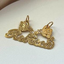 Load image into Gallery viewer, 14k Solid Yellow Gold Personalized Custom Handmade Cursive Name Pendant Charm with Beautiful Flower and Butterflies, Gift for Her
