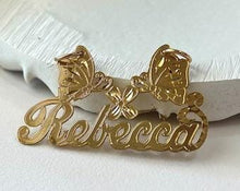 Load image into Gallery viewer, 14k Solid Yellow Gold Personalized Custom Handmade Cursive Name Pendant Charm with Beautiful Flower and Butterflies, Gift for Her

