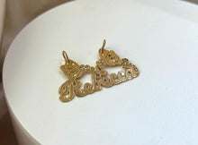 Load image into Gallery viewer, 14k Solid Yellow Gold Personalized Custom Handmade Cursive Name Pendant Charm with Beautiful Flower and Butterflies, Gift for Her
