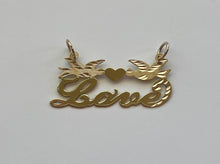 Load image into Gallery viewer, 14k Solid Yellow Gold Personalized Custom Handmade Cursive Name Pendant Charm with Beautiful Doves and Solid Heart

