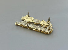 Load image into Gallery viewer, 14k Solid Yellow Gold 3D Double Plated Personalized Custom Handmade Cursive Dotted Name Pendant Charm with Heart and Doves
