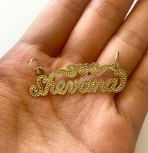 Load image into Gallery viewer, 14k Solid Yellow Gold Personalized Custom Handmade Cursive Dotted Name Pendant Charm with Heart
