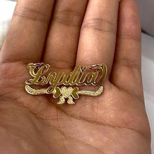 Load image into Gallery viewer, 10k Solid Yellow Gold Personalized Custom Handmade Cursive Name Pendant Charm with Heart &amp; Bow Underline
