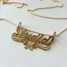 Load image into Gallery viewer, 10k Solid Yellow Gold Personalized Custom Handmade Cursive Name Pendant Charm with Heart &amp; Bow Underline
