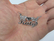 Load image into Gallery viewer, Sterling Silver Personalized Custom Handmade Cursive Name Pendant Charm with Butterflies &amp; Heart
