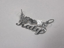 Load image into Gallery viewer, Sterling Silver Personalized Custom Handmade Cursive Name Pendant Charm with Butterflies &amp; Heart
