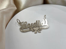 Load image into Gallery viewer, Sterling Silver Personalized Custom Handmade Cursive Name Shiny Gorgeous Pendant Charm with Heart &amp; Ribbon Underline
