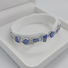 Load and play video in Gallery viewer, Sterling Silver Synthetic Opal Round &amp; Trapezoid links Hand Inlay Bracelet
