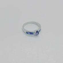 Load and play video in Gallery viewer, Small Sterling Silver Blue Synthetic Opal Band Ring for Women Oval Shape
