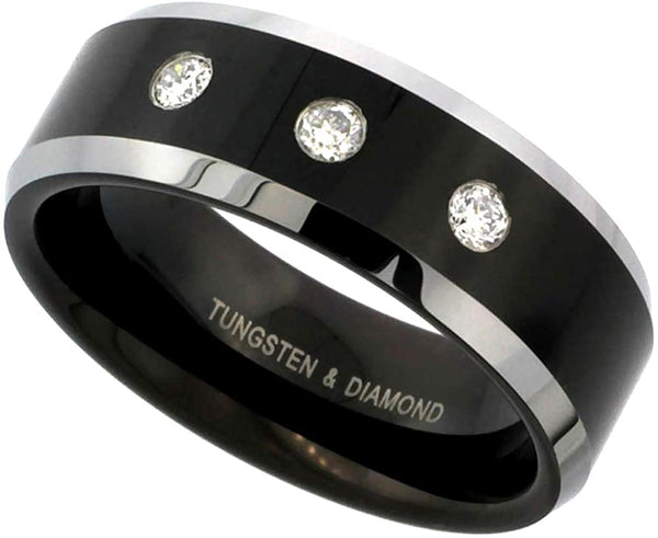 Black Tungsten 3 Stone Diamond Two-Tone Beveled Edges Ring