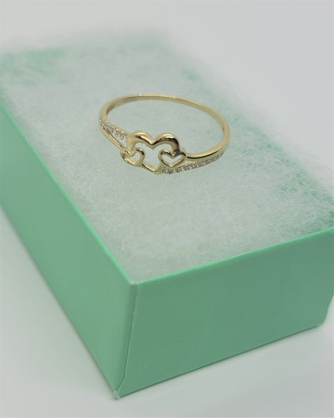 10K Yellow Gold Three Hearts with CZ Ring