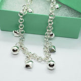 925 Sterling Silver Hearts and Bells Anklet Bracelet Chain