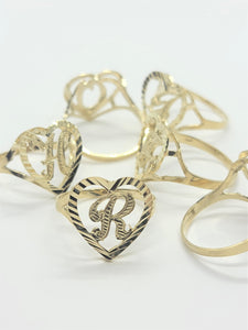 10K Solid Yellow Gold Heart Cursive Initial Letter Ring