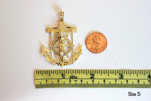 10K Yellow Gold Diamond Cut Jesus Crucifix Anchor Mariner Pendant